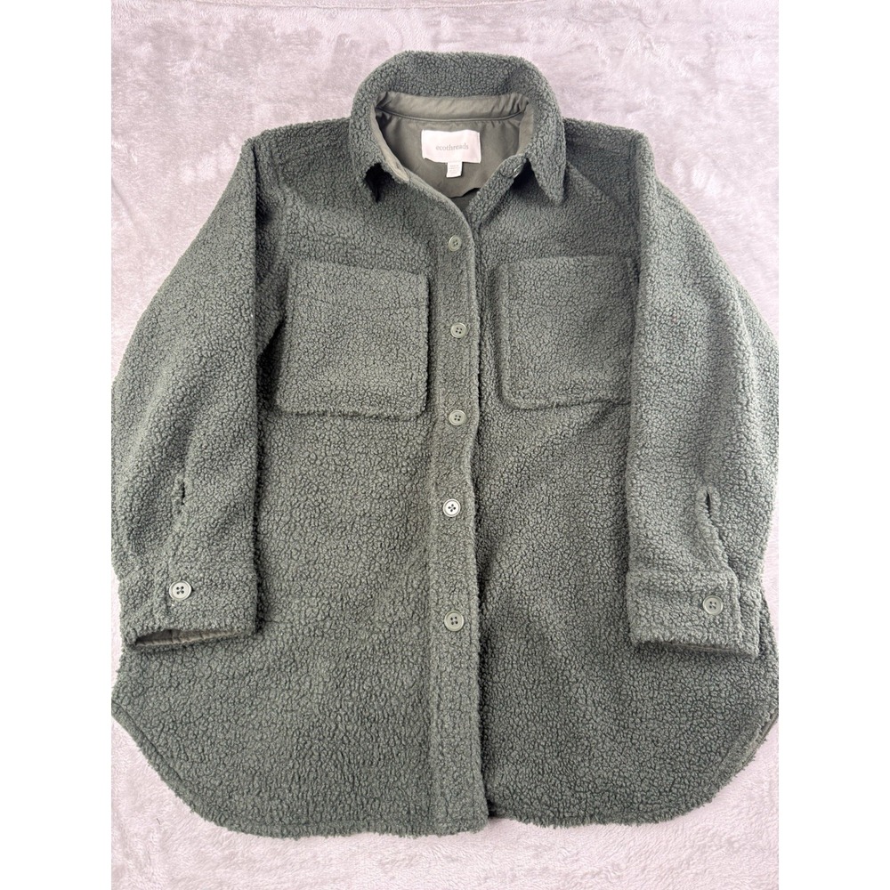 Ecothreads Sherpa Shirt Jacket Womens Small Green Fleece Button Front‎ Cozy